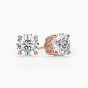 three-prong martini round diamond stud earrings with 14k rose gold metal and round shape diamond